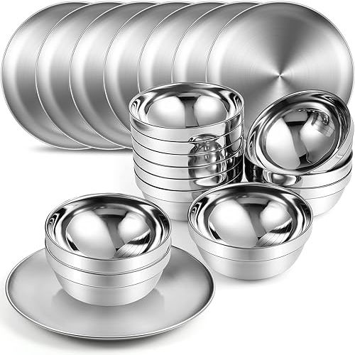 Sunnyray Stainless Steel Plates and Bowls Metal Camping Plates Reusable 13oz Steel Snack Feeding Serving Dinner Dishes Double Walled Insulated Metal Bowls for Kids(10 Set,8 Inch)