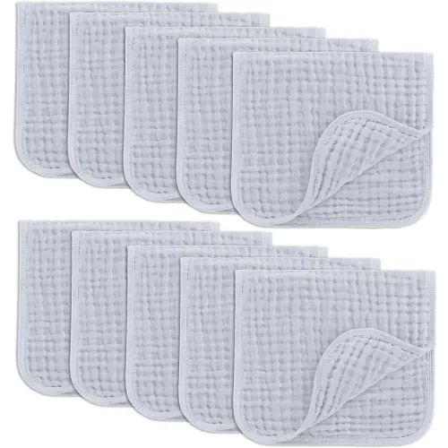Comfy Cubs Muslin Burp Cloths 20" x 10", Pack of 10 - Large, 6-Layer, Ultra Absorbent 100% Cotton for Baby Drool and Messes - Soft, Safe & Gentle Baby Burp Cloths for Boys & Girls - Slate