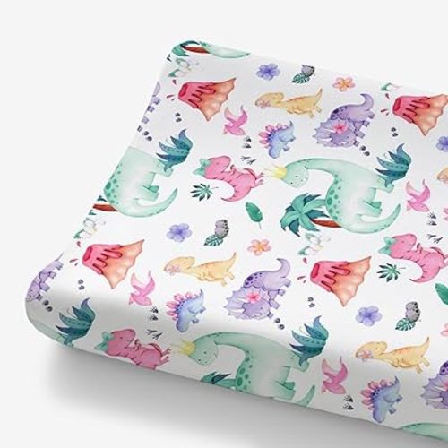 HawSkgFub Girls Dinosaur Changing Pad Cover for Baby Pink Purple, Dino Animal Tropical Diaper Change Table Covers, Ultra Soft Stretchy Breathable Safe Snug Fitted Changing Mat Sheets Fit 32"/34" x 16"