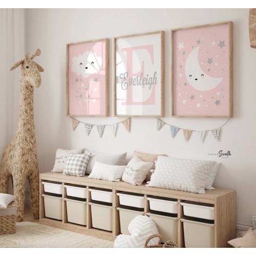 Pink and silver girls nursery decor, nursery pink silver customized monogram, pink gray cloud moon stars, baby girl nursery silver sparkles