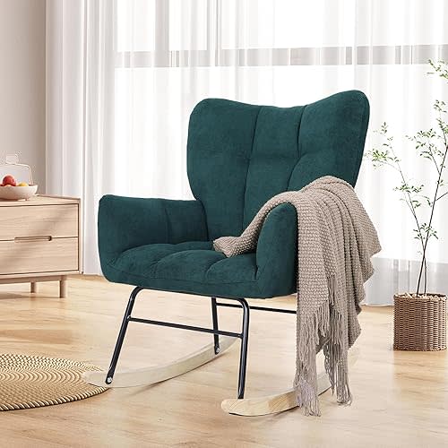 Kromax Rocking Chair Nursery, Comfy Baby Rocker Glider, High Back, Modern Teddy Fabric, for Bedroom, Nursing, Living Room, Green