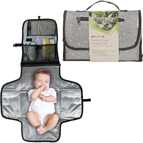 Enovoe Portable Diaper Changing Pad for Baby - Convenient, Durable, Waterproof Travel Changing Mat with Built-in Head Pillow for Your Infant - Grey Leaf Design (Nylon)
