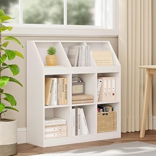 9-Cube Wooden Storage Bookcase - 11-Inch Open Shelf Cabinet, Simple Modern Bookshelf Organizer for Home Office, Living Room, White