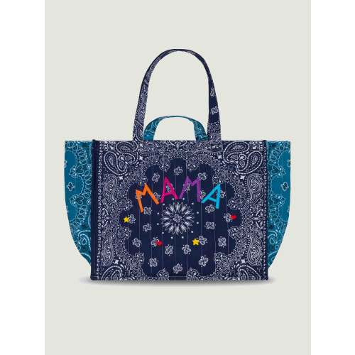 Large quilted shopping bag 100% cotton: navy blue and petrol - MAMA