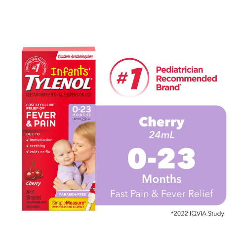 Tylenol Infants' Medicine, Relief of fever & pain, 0-23 Months, Cherry Suspension liquid, Acetaminophen 80mg/1mL, 24 mL