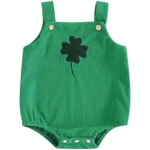 My First St Patricks Day Baby Girl Boy Outfit Newborn Clover Romper Backless Sleeveless Corduroy Overalls