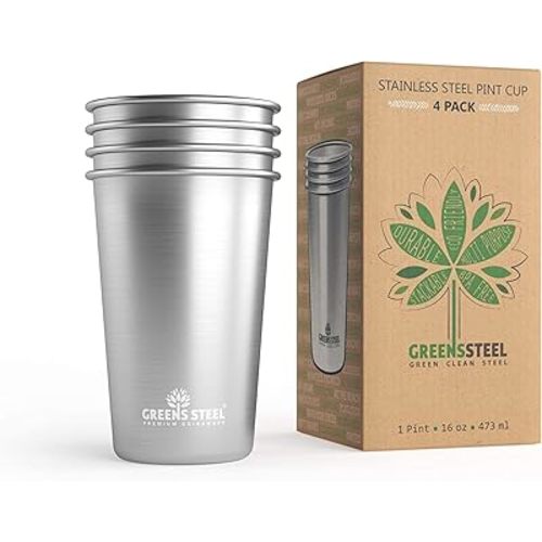 Greens Steel #1 Premium Stainless Steel Cup, 475 ml Pint Cups (4 Pack) Premium Metal Cups - Stackable Durable Cup
