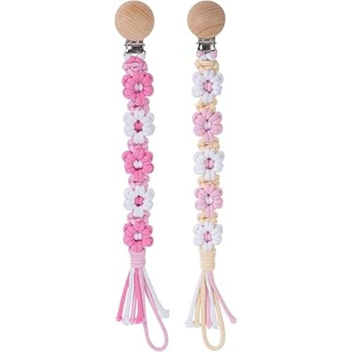 Pacifier Clip for Boys Girls Floral Daisy Macrame Baby Paci Clip Pacifier Holder Leash Boho Wooden Clips Handmade Braided Cotton Binky Clips (2pack:Pink Daisy × 2)