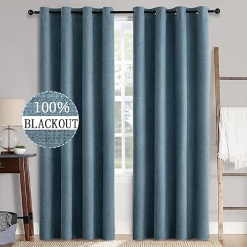 MIULEE 2 Panels Blackout Curtains Polyester Texture Opaque Curtains for Bedroom 100% Blackout Thermal Insulated Dusty Blue Curtains 90 Inches Long for Living Room