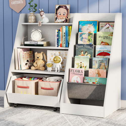 4-Tier Kids Bookshelf and Toy Storage, Book Shelf for Kids Rooms, Wooden bookcase for Toddler Children Baby in Nursery Playroom Living Room - Idea Gifts for Boys and Girls (White)