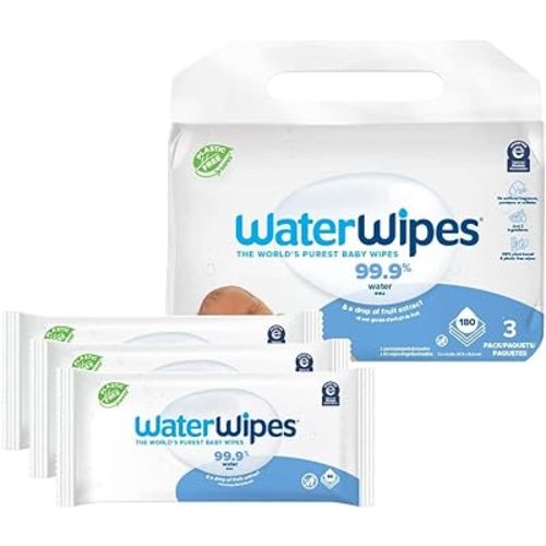 WaterWipes Plastic-Free Original Baby Wipes, 99.9% Water Based Wipes, Unscented & Hypoallergenic for Sensitive Skin, 180 Count (3 packs), Packaging May Vary
