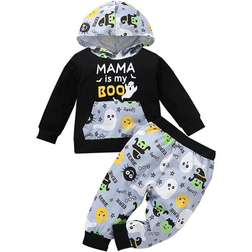 Toddler Baby Boy Halloween Outfit Set Long Sleeve Pumpkin Tops + Ghost Print Pants Clothes 2Pcs - Light Blue - 12-18 Months