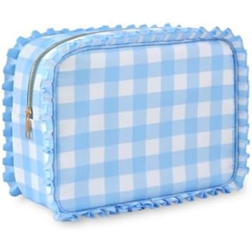 Gingham Ruffle Makeup Bag,Large Travel Cute Cosmetic Bag for Women Girls,Toiletry Bag Make up Organizer 11.8 x 4.7 x 9 inch (Blue Gingham)