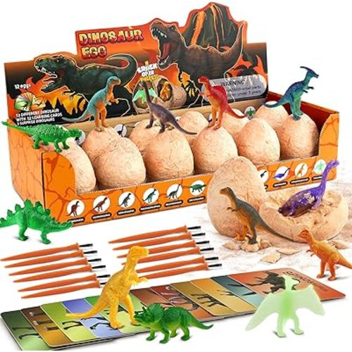 Dino Eggs Excavation Dig Kit-12 Unique Dinosaur Eggs with Educational Learning Cards -Easter Eggs STEM Science Activities - Educational Toy Gift for Kids Boys Girls Age 3+
