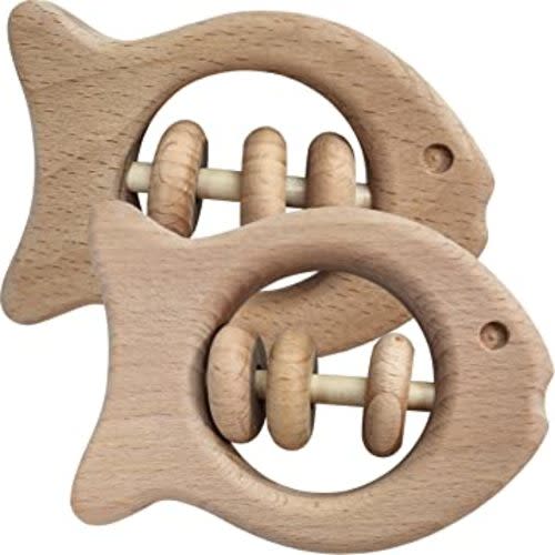 2 Pack - Wooden Fish Rattle for Toddlers & Babies, Montessori Baby Rattles Teething Toys