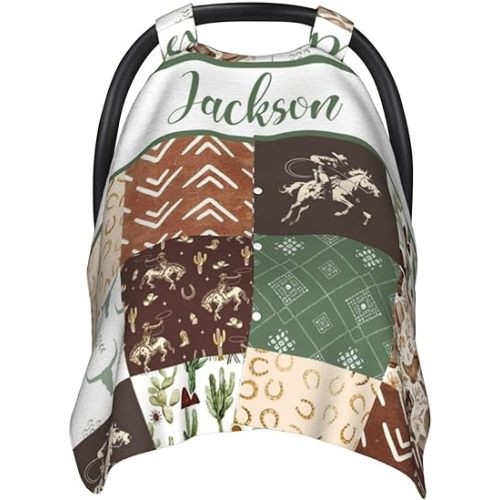 Personalized Baby Boy Car Seat Canopy for Babies, Custom Name Baby Car Seats Cover for Boys, Cowboy Opening Minky Nursing Breastfeeding Covers for Infant, Carseat Canopies for Newborn