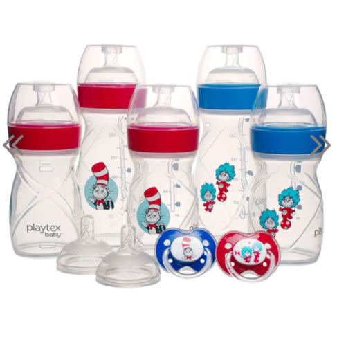 Playtex Dr. Seuss Baby Shower Gift Set – Anti-Colic Nurser Bottles, Pacifiers, Bib & Liners