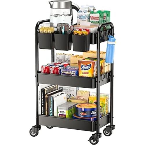 YASONIC 3 Tier Rolling Cart - Metal Utility Cart with 3 Hanging Cups & 4 Hooks, 66LBS Capacity, Mesh Rolling Storage Cart Organizer, Easy Assembly, Rolling Carts with Wheels for Kitchen Office