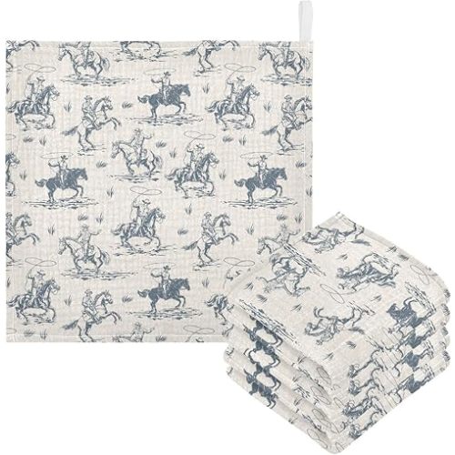 Western Cowboy Baby Washcloths Newborn Muslin Burp Cloths 3 Pack Soft Cotton Baby Face Bath Towel Drool Bibs for Infants, Girls and Boys 11.8 x 11.8 Inch