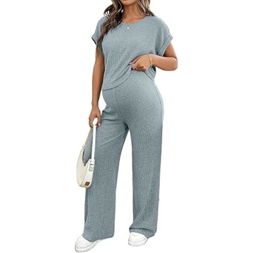 BLENCOT Maternity Clothes Ribbed Short Sleeve Maternity Pajamas Sets Sleepwear Lounge 2 Piece Matching Outfits Set