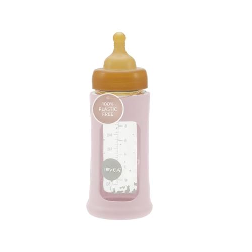 HEVEA Plastic-Free Wide Neck Glass Baby Bottle with Powder Pink Sleeve - Medium Flow Anti Colic Baby Bottles 3-24 Months - BPA-Free, Single-Pack (8.5 Oz)