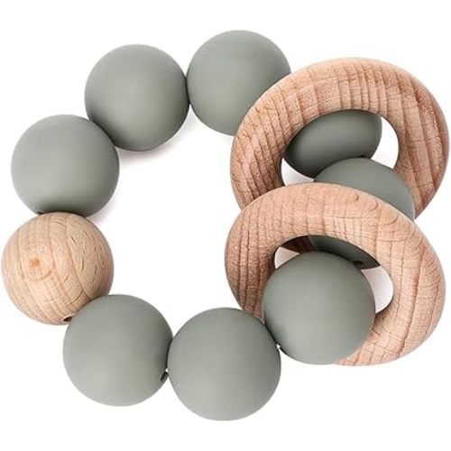 Socub Baby Teething Toy, Organic Baby Teething Ring, Silicone & Beech Baby Rattle Teether for baby 3+ Months, BPA Free, Sage