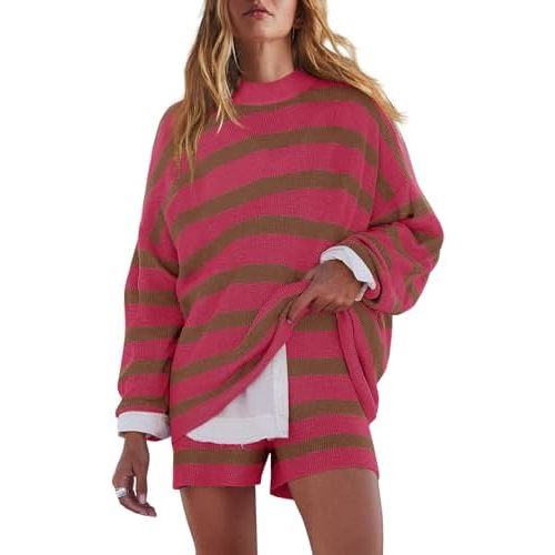 LAMISSCHE Womens Oversized Lounge Sets 2 Piece Outfits Striped Matching Pajama Set Long Sleeve Sweater Set