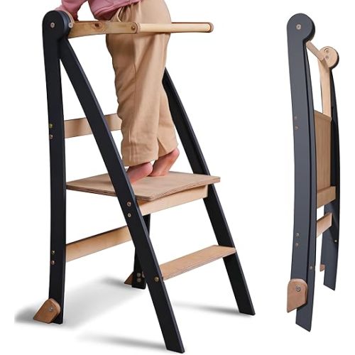Wooden Montessori Learning Tower Space-Saving: Foldable Learning Tower, Stool for Children, Foldable Kids' Step Stool, Learning Tower with Anti-Tip Protection