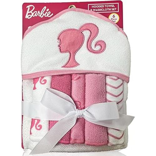Barbie Towel Set | Barbie Baby Bath and Beach Towels | Barbie Hoodie Towel Cover Up and 5 Wash Cloths | Baby Newborn Essentials | Newborn Girl Gifts | Soft Plush | Pink/White | Officially Licensed