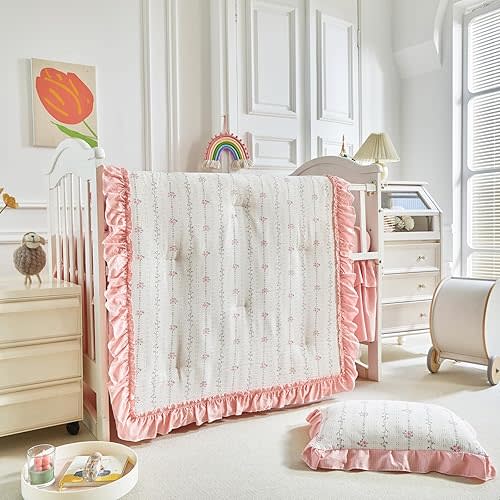 AIKASY Ruffled Shabby Chic Crib Bedding Set for Girls – Baby Quilted Comforter, Fitted Sheet, Bed Skirt, and Pillowcase