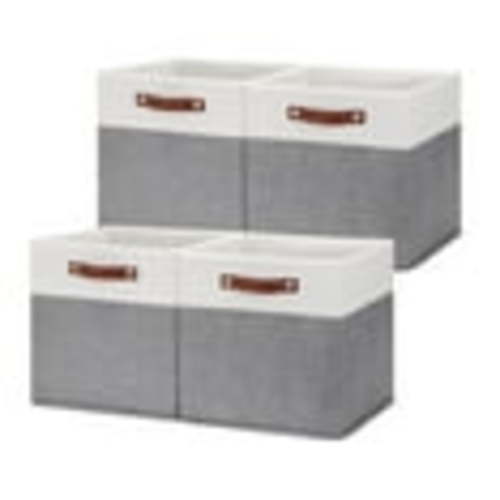 HNZIGE 13x13 Storage Cubes Baskets 4 Pack Fabric Cube Storage Bins Large Storage Baskets with Leather Handles,Decorative Storage Boxes for Organizing Shelves(White&Gray)