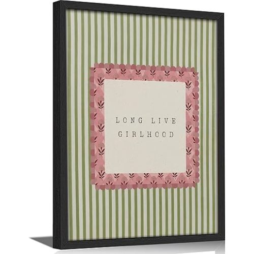 Framed 'Long Live Girlhood' Quote Wall Art, Pink Floral Green Stripe Canvas Print, Cute Girls Room Decor for Nursery Bedroom Playroom Living Room Guest Room