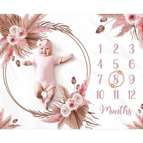 Floral Boho Baby Monthly Milestone Blanket Little Girl Bohemian Photo Prop Blanket Personalized Bliss Baby Present Pampas Grass Ideas for Newborn Princess Pinkk Nursery Décor 40" X 50"
