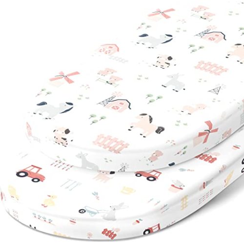 Bassinet Fitted Sheets for Chicco LullaGo Anywhere, Baby Bjorn Cradle and 14 x 29 Mattress Pad – Snuggly Soft 100% Jersey Cotton – Farm Animals – 2 Pack