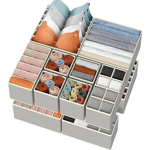 16 Pack Sock Underwear Drawer Organizer Clothes Dividers, Dresser Closet Organizers Foldable Storage Bins for Baby Clothing Bras Panty Lingerie Ties Scarf(Grey)