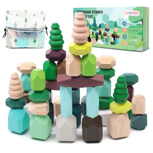 YHHYTOY 40 PCS Wooden Stacking Rocks Building Blocks Forest Theme, Sensory Learning Montessori Toys for 3 4 5 Year Old Kids, Preschool Educational STEM Toys Toddler Games Birthday Gifts for Girls Boys