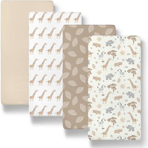 The Peanutshell Baby Bassinet Sheets 4-Pack - Soft, Oval & Fitted Baby Girls or Boys Bassinet Sheet, Rectangle, Fitted Sheet Covers for Crib, Halo Bassinet Mattress - Safari Neutral