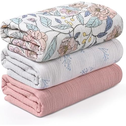 Muslin Swaddle Blankets for Newborn, 3 Pack Breathable Soft Receiving Blanket, Large 38 x 40 inches Swaddle Wrap Burping Clothes, Essentials Infant Shower Items, Toddler Gift (Cute Flower)