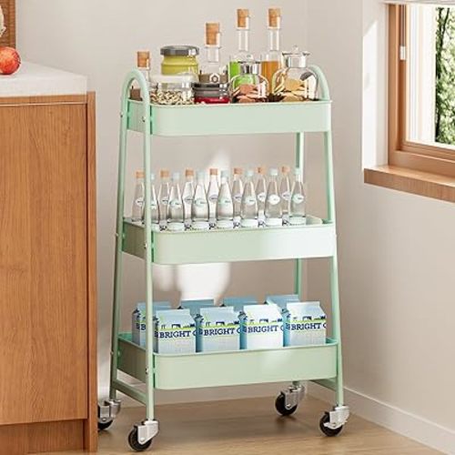 DUMOS 3 Tier Metal Rolling Storage Cart with Lockable Wheels, Mobile Shelving Unit Utility Rolling Organizer for Office, Bathroom, Kitchen, Laundry Room & Narrow Places, Green