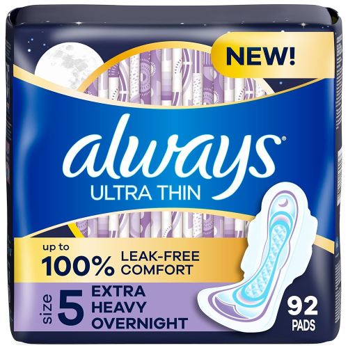 Always Ultra Thin Overnight Pads, Size 5, Extra Heavy Overnight, Unscented, 92 Count (2 Packs of 46)