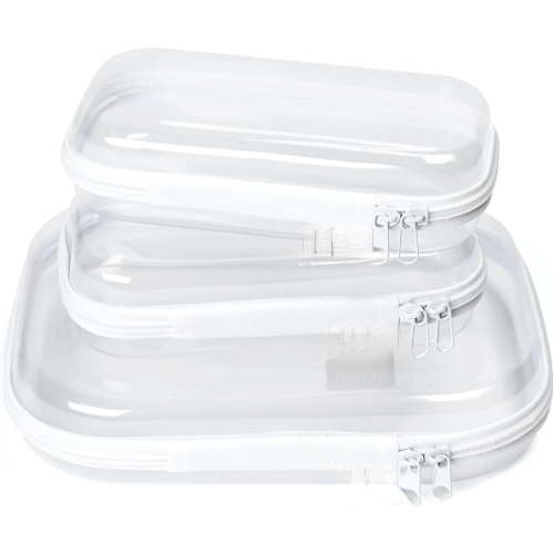 Hard Sided Clear Zipper Case for Storage- Professional-Grade Plastic Clear Zipper Pencil Case,Toy Storage Bins, Toiletry Pouch, Travel Organizer, Cosmetic Bag(White,3 Pack, LMS)