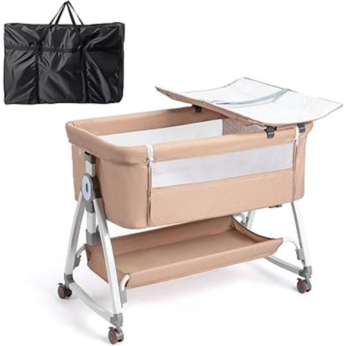 JOYMOR Baby Bassinet with Changing Table, Bedside Bassinet for Baby with Comfy Mattress and Wheels, 6 Height Adjustable Easy Folding Portable Bedside Crib for Newborn (Beige)