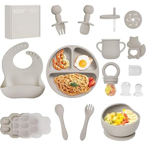 Silicone Baby Feeding Set, 15pcs Baby Led Weaning Feeding Supplies for Toddlers, Bowls and Plates with Suction, Silicone Bib,Toddler Spoons and Fork, Toddler Cups, Fruit Feeder & Freezer Tray. (Beige)