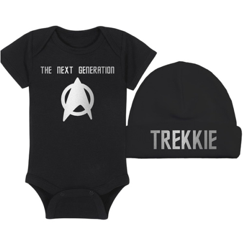 Trekkie Onesie and Hat - TNG - 3-6 Month - Black Fabric - Silver Design