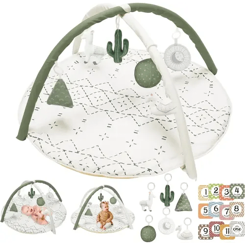 Tummy Time Mat with 6 Toys, Macrame Baby Play Mat for Newborn, Baby Gym with 12 Milestone Cards, Stage-Based Sensory and Motor Skill Development Baby Play Gym, Non Slip Mat Washable, Green