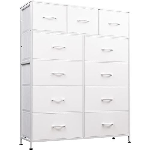 WLIVE Storage Organizer Unit with 11 Fabric Bins, Storage Drawers Organizer with Steel Frame, Tall Storage Tower Organizaton for Living Room, Hallway, Office, White
