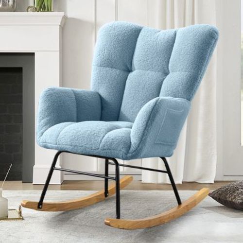 Xiyuyeu Teddy Fabric Rocking Chair, Modern Rocking Accent Chair For Living Room, Bedroom - Sky Blue