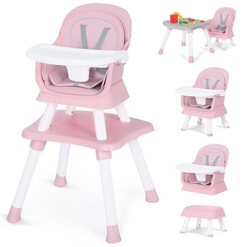 Kinder King 8 in 1 Baby High Chair, Coverts to Dining Booster Seat/Kids Table & Chair Set/Toddler Building Block Table/Kids Stool, Removable Tray & Double Seat Cover, Easy to Wipe, Pink & White