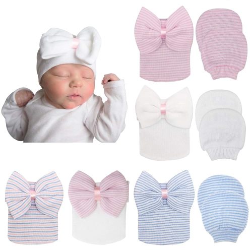 BQUBO Newborn Baby Caps Mittens for Baby Girls Baby Hats Scratch Mitten Gloves Set Soft Hospital Hat Infant Hats with Bow