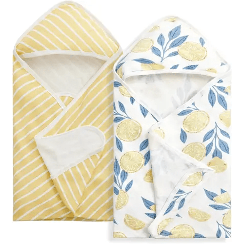 Momcozy Baby Hooded Towel, 2 PackBaby Towel Set, Super Soft Bath Towel with Original Design, Shower Gifts for Infant, Toddler (28 X 28 Inch, Lemon Leaves)